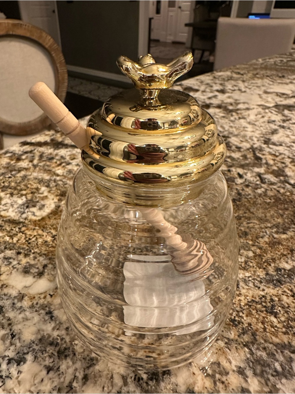 Brand new Glass Honey Jar with Gold Bee Lid and Wooden Dipper